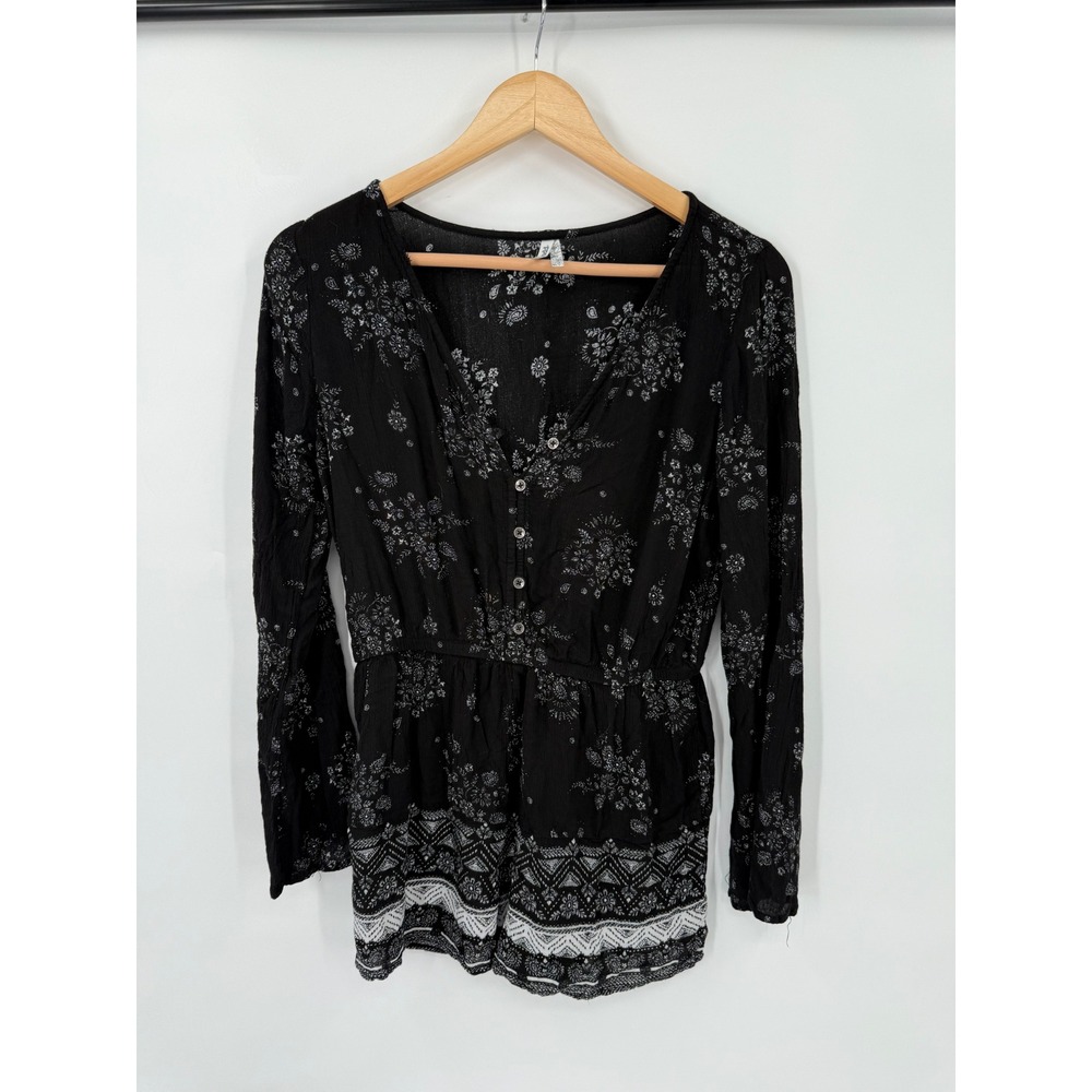 Mudd Womens Black Floral Paisley Long Sleeve Button Front Romper Small